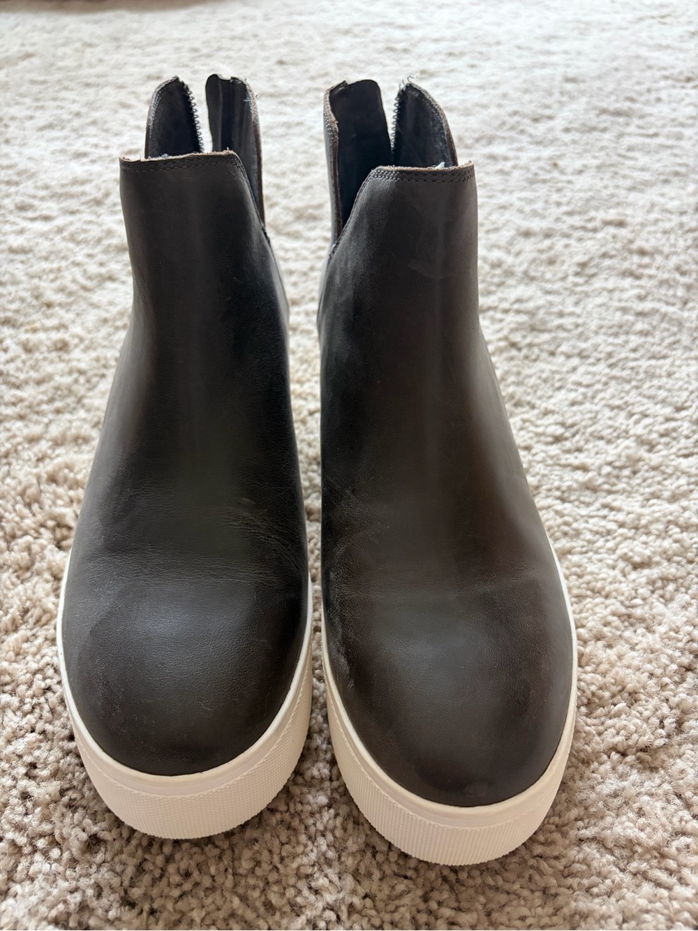 JSlides Dark Grey Leather Ankle Booties with White Platform